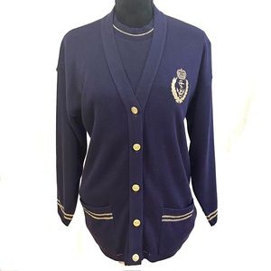 Bay Point Threads Vtg Womens Small Twinset Blue Gold Embroidered Crest Nautical